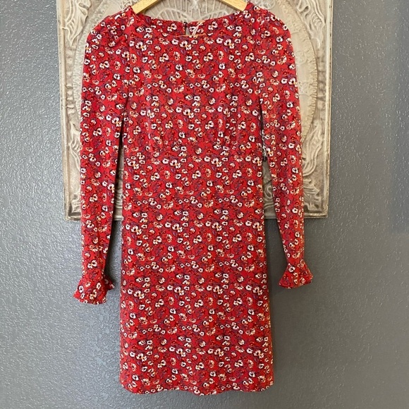 FP  Mini Dress Floral Print Long Ruffle Sleeve Red - Picture 2 of 8